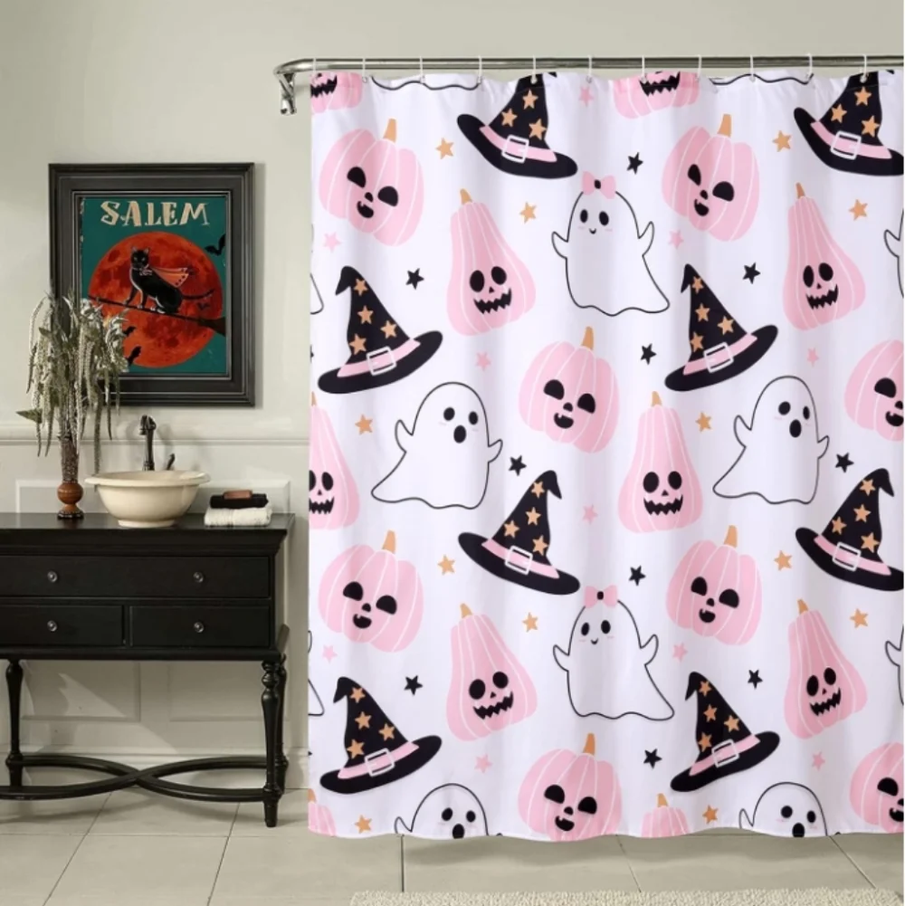 2/$20 Halloween Ghost and Pumpkin Shower Curtain (White)